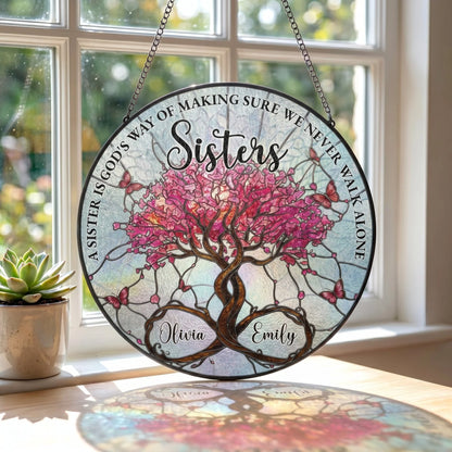Personalized sister tree of life suncatcher ornament window hanging with custom names Olivia and Emily