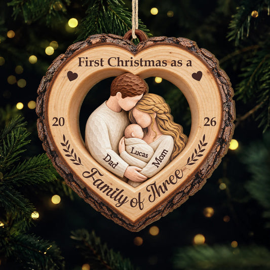 First Christmas as a Family of Three - Personalized Wooden Ornament for New Parents