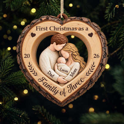First Christmas as a Family of Three - Personalized Wooden Ornament for New Parents