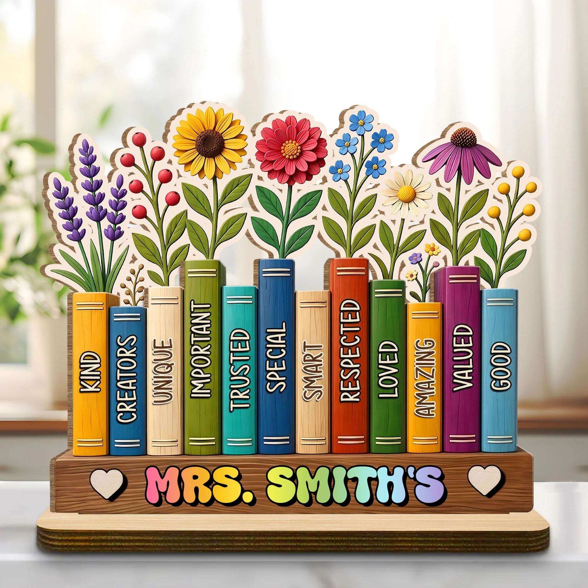 Personalized teacher wood plaque with colorful printed books and flowers desk decor gift for educators image 9