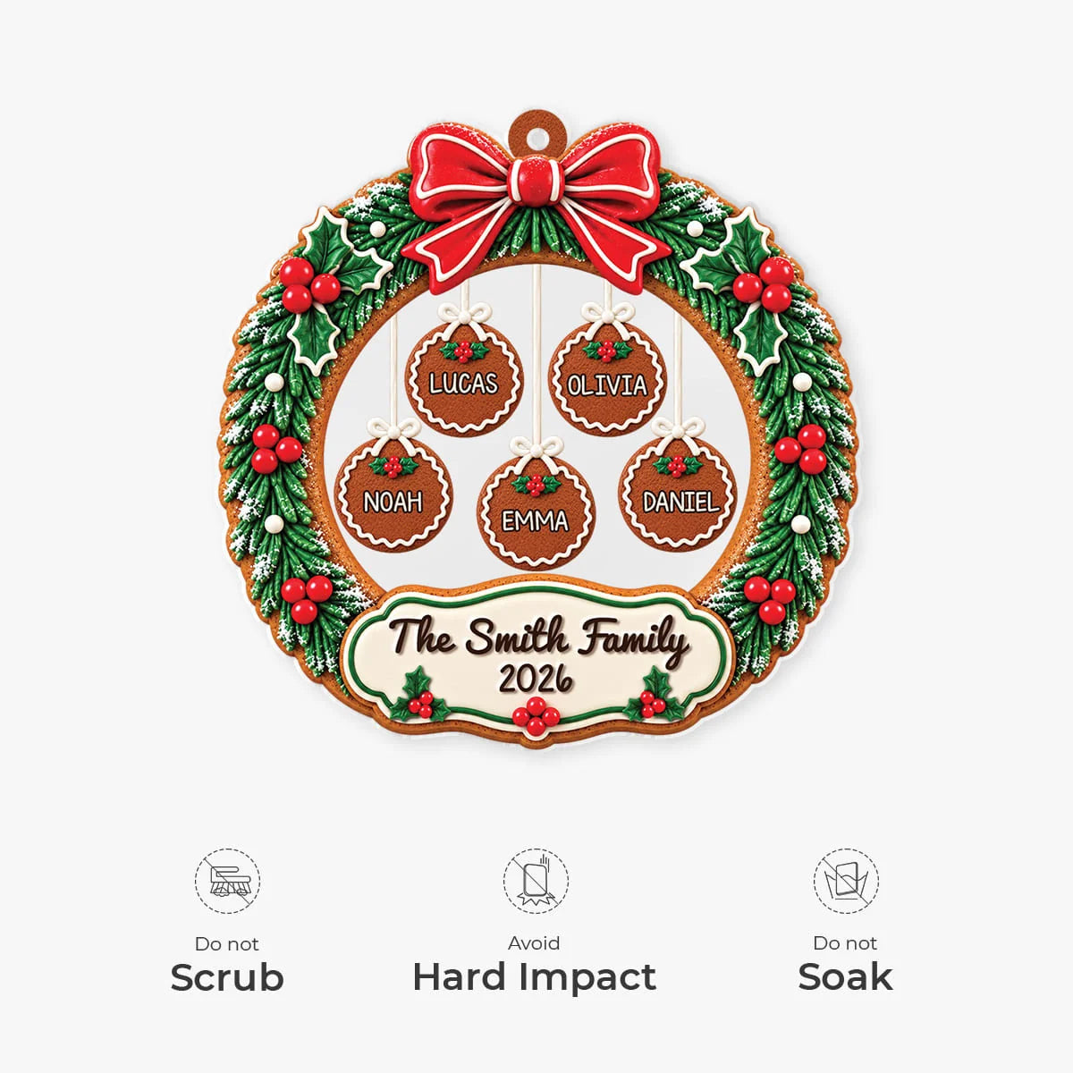 3D Effect Gingerbread Wreath - Personalized Family Acrylic Ornament for Christmas Tree