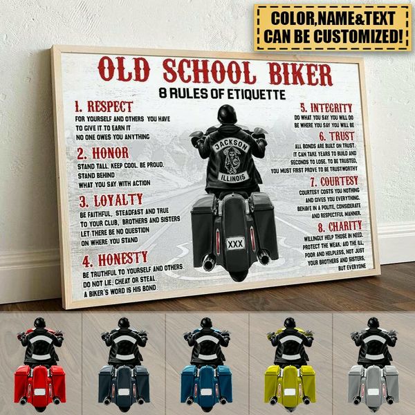 Custom Old School Biker Rules Canvas for Dad with personalized design details for meaningful gifting