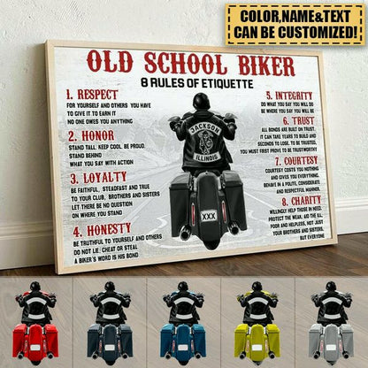 Custom Old School Biker Rules Canvas for Dad with personalized design details for meaningful gifting