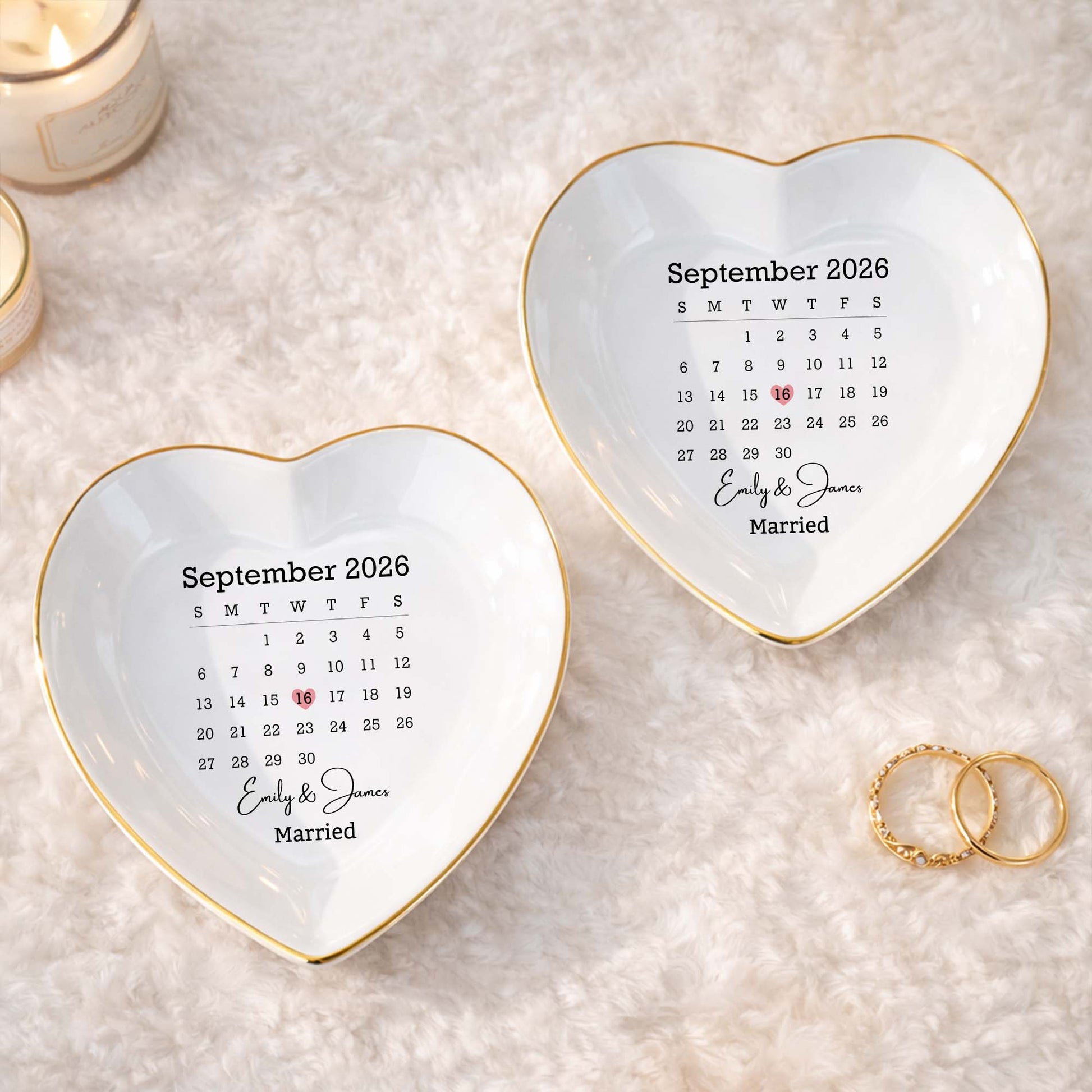 Personalized wedding calendar heart jewelry dish with custom names Emily & James and marked date image 7