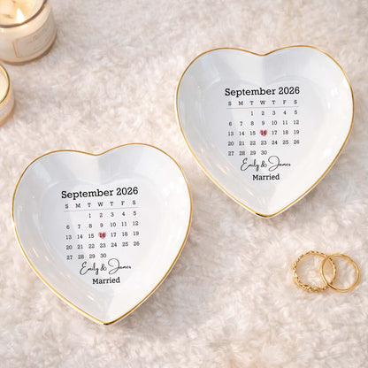 Personalized wedding calendar heart jewelry dish with custom names Emily & James and marked date image 7
