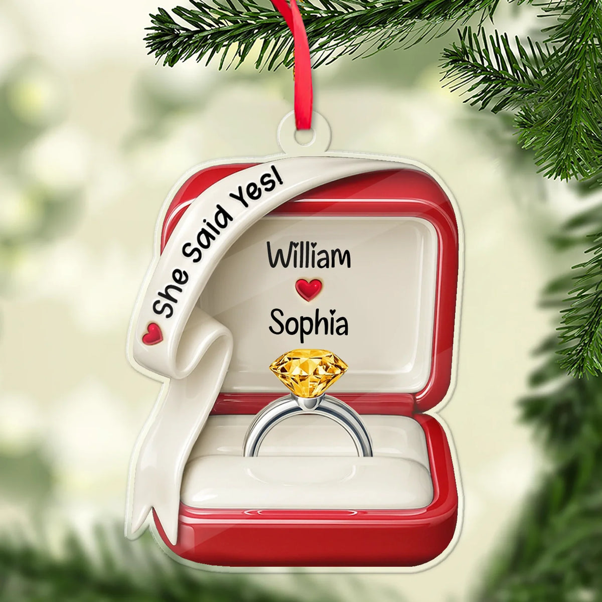 She Said Yes Personalized Engagement Acrylic Ornament - Couples Ring Box Keepsake