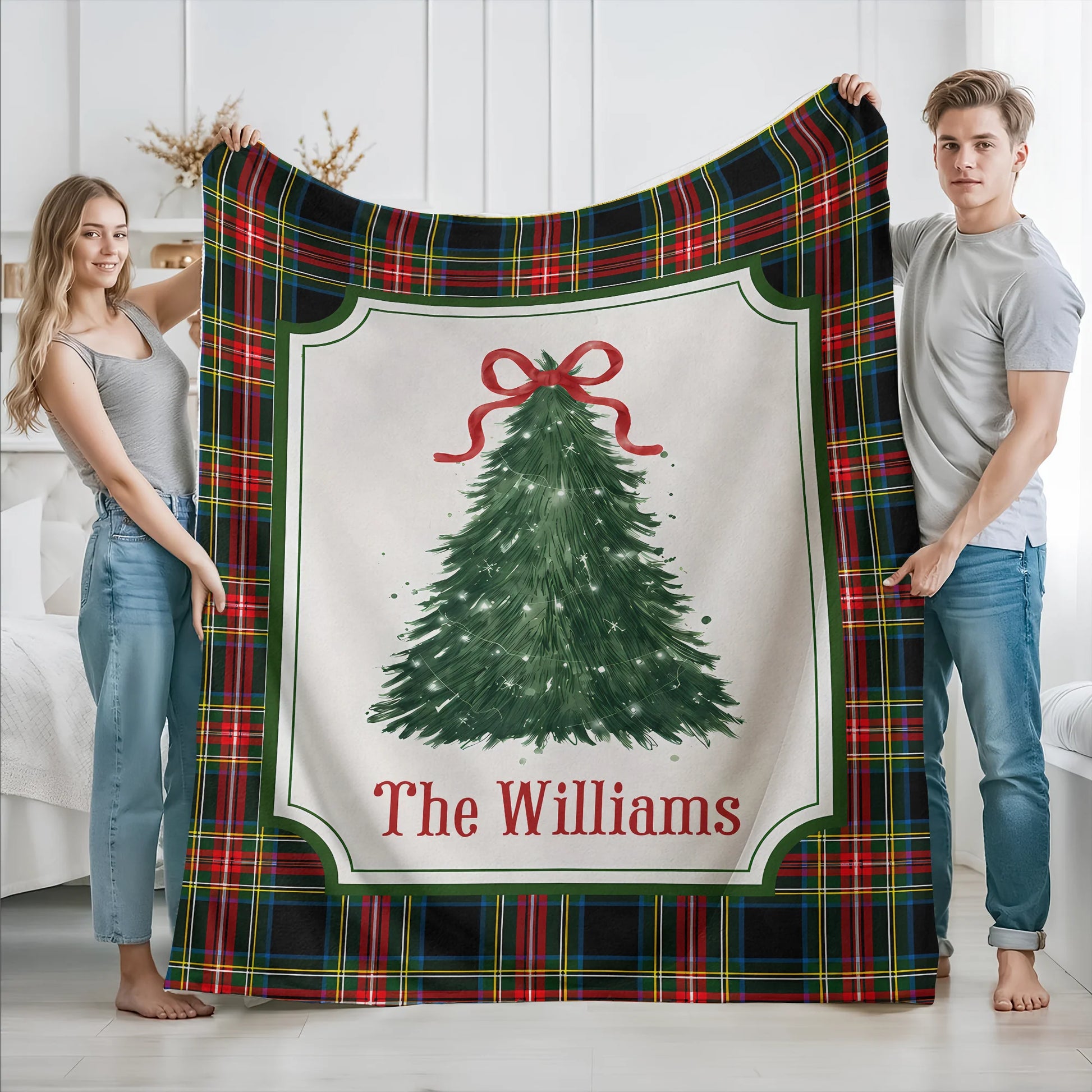 Festive Plaid Tree Personalized Christmas Family Blanket - Custom Cozy Holiday Living Room Decor