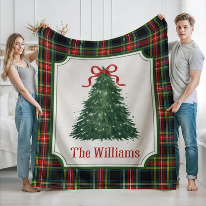 Festive Plaid Tree Personalized Christmas Family Blanket - Custom Cozy Holiday Living Room Decor