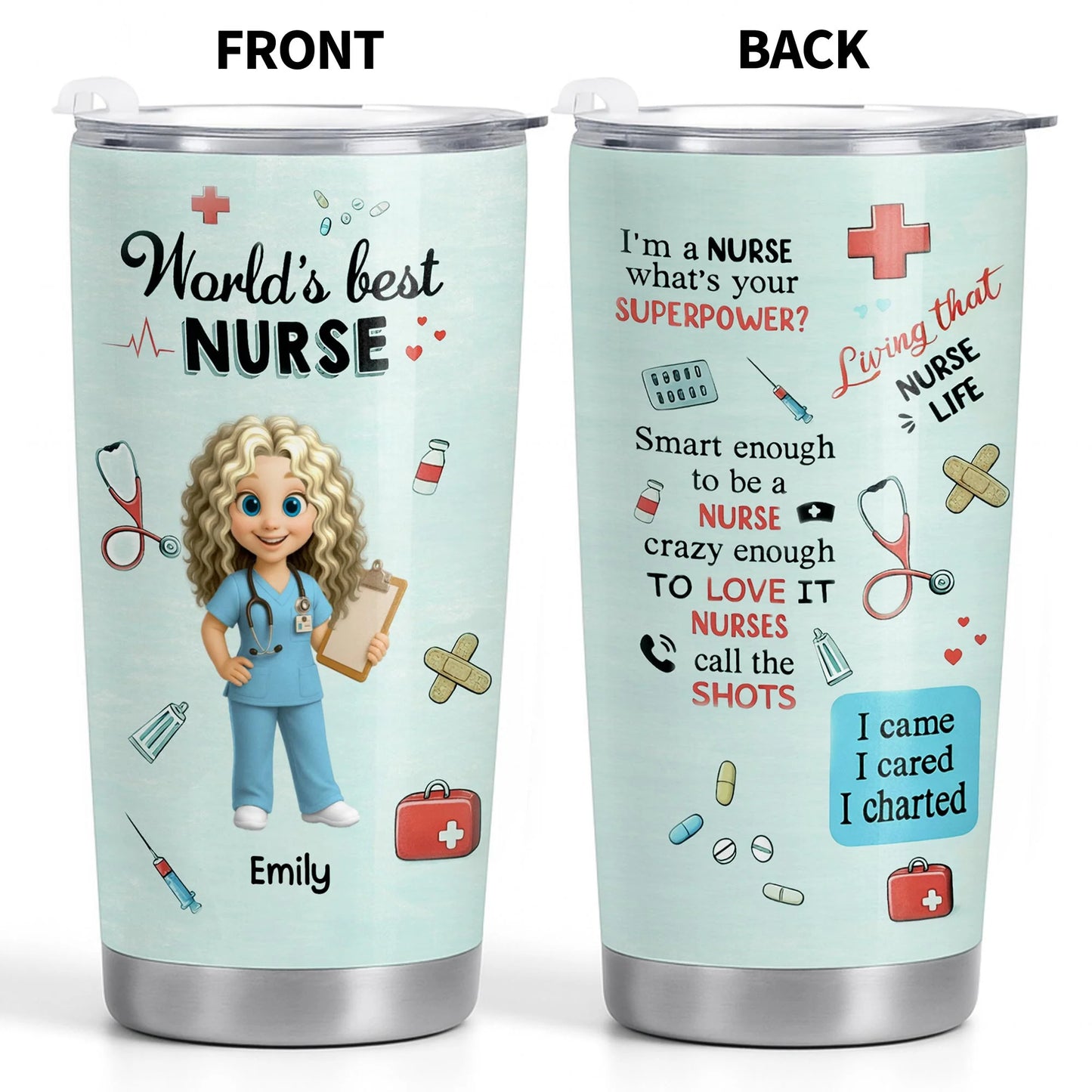 Personalized nurse tumbler featuring medical symbols and cute cartoon nurse for RN appreciation gifts image 10