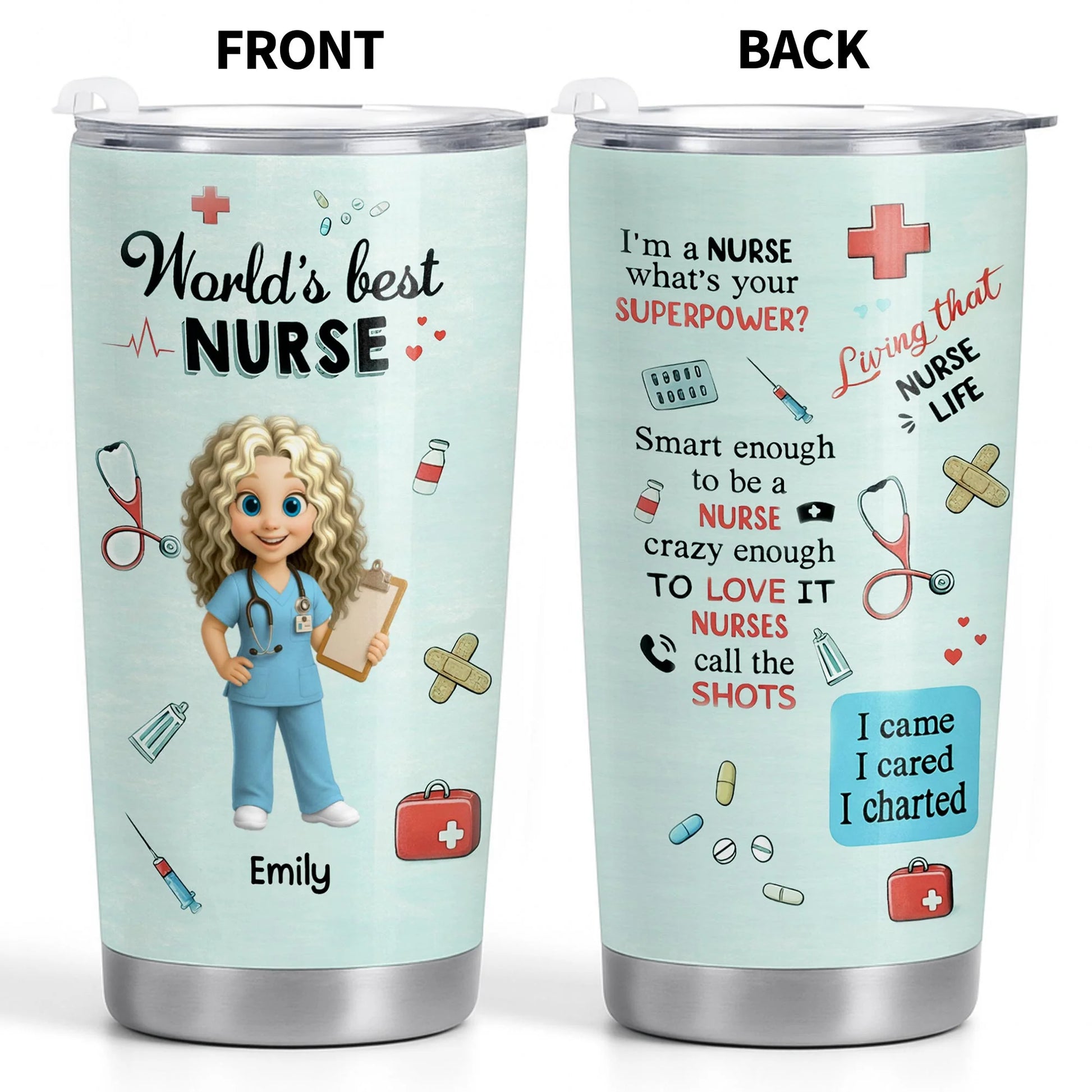 Personalized nurse tumbler featuring medical symbols and cute cartoon nurse for RN appreciation gifts image 10