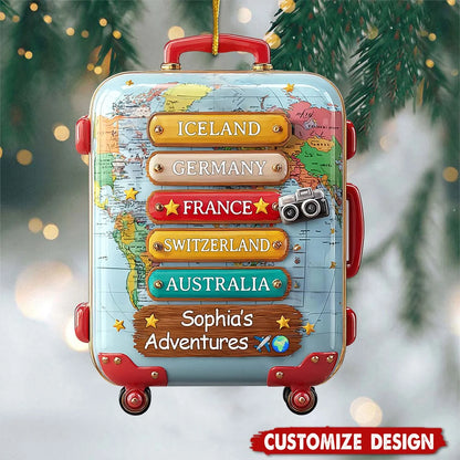 World Travel Suitcase Personalized Wooden Ornament - Custom Vacation Keepsake Gift for Travelers