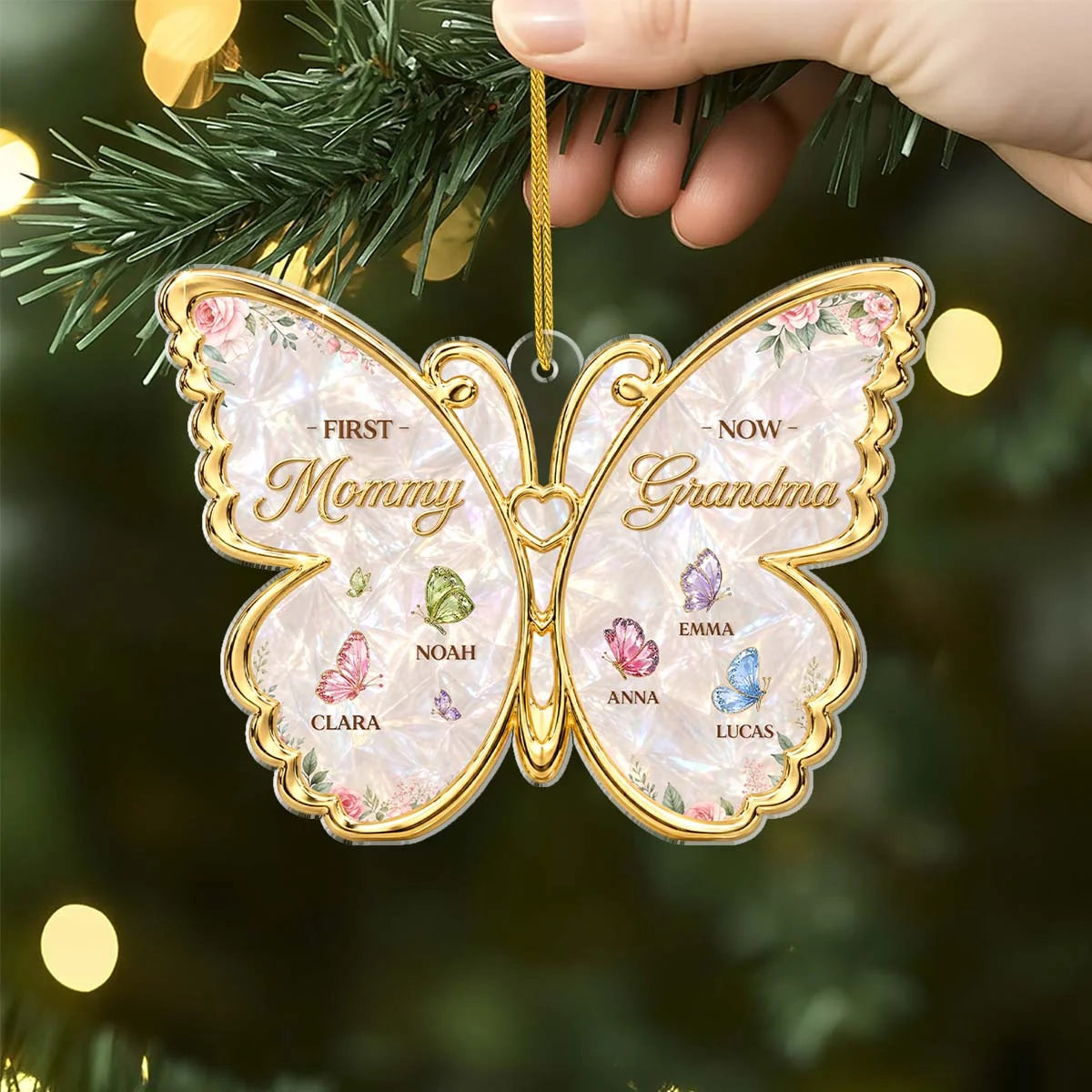 "First Mommy Now Grandma" Personalized Butterfly Acrylic Ornament - Custom Grandma Christmas Keepsake Gift