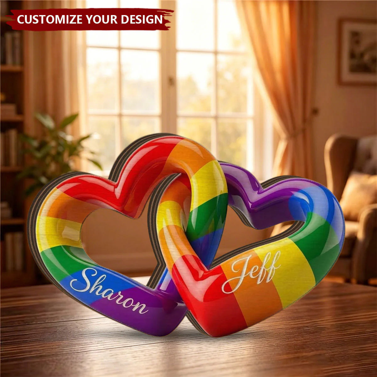 Personalized pride gift interlocking rainbow hearts table decor with custom names Sharon and Jeff