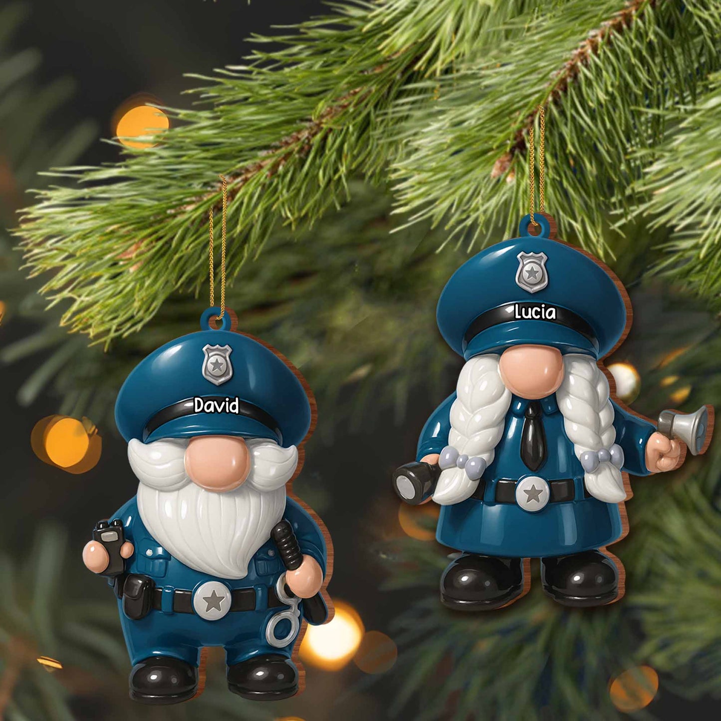 Personalized police ornament with custom name police officer gnomes on a Christmas tree