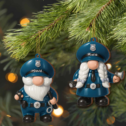 Personalized police ornament with custom name police officer gnomes on a Christmas tree