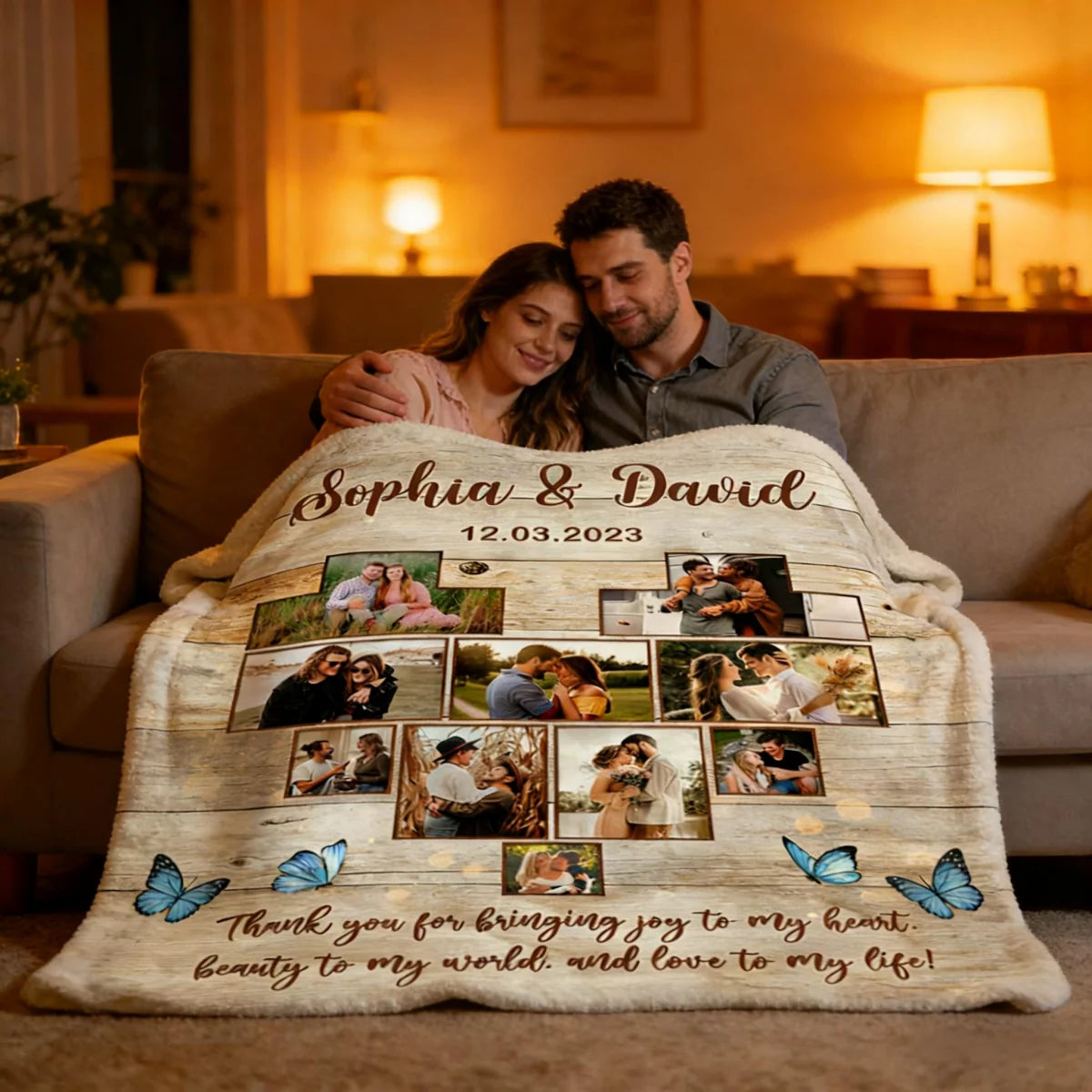 "Thank You for Bringing Joy to My Heart" Custom Photo Blanket - Personalized Anniversary Keepsake for Couples