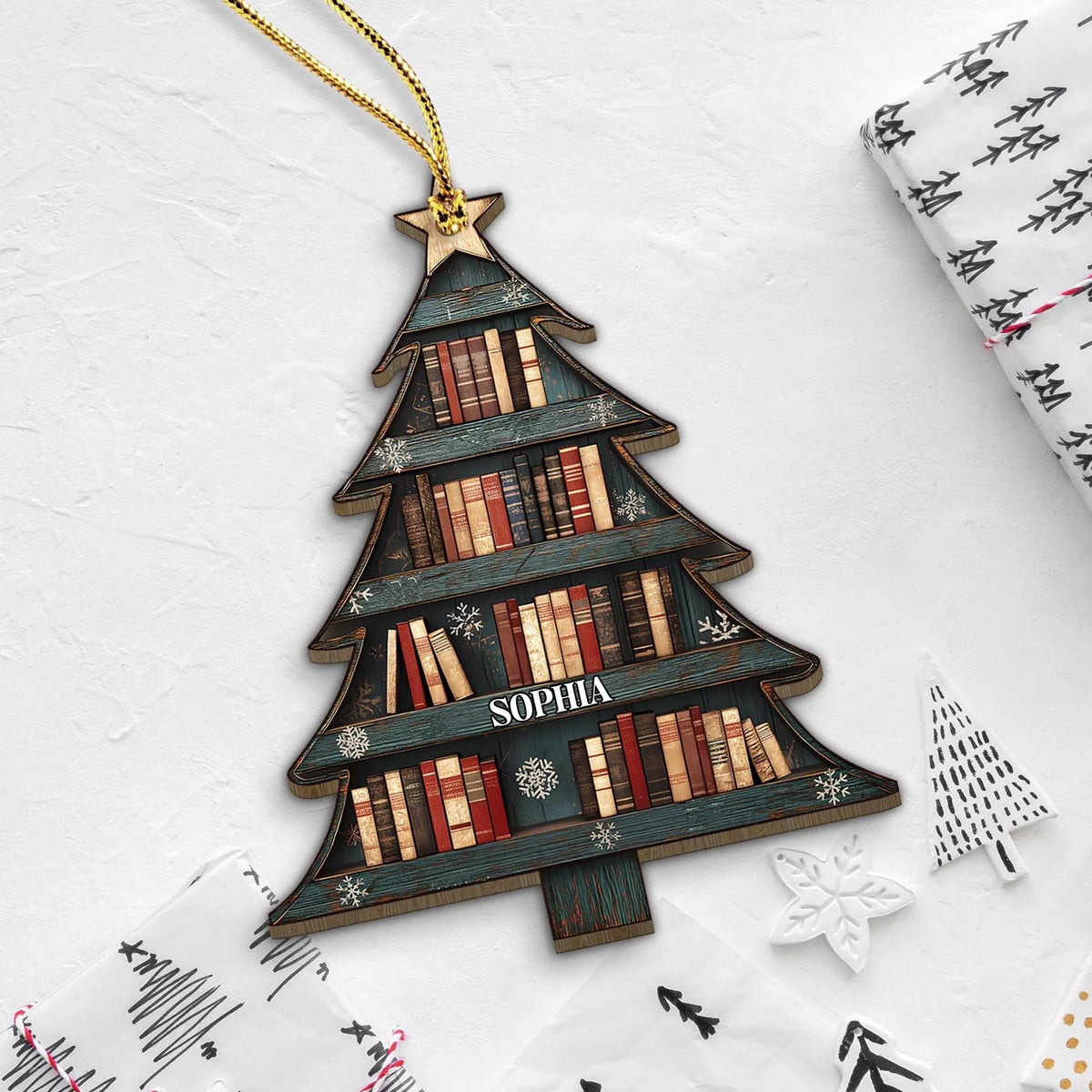Book Tree Ornament with Custom Name - Personalized Wooden Christmas Keepsake, Gift for Book Lovers & Readers