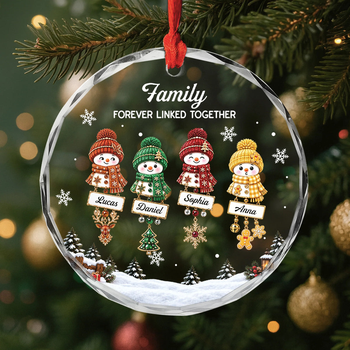 Forever Linked Together Custom Names Snowman Family Glass Ornament - Personalized Christmas Gift for Family