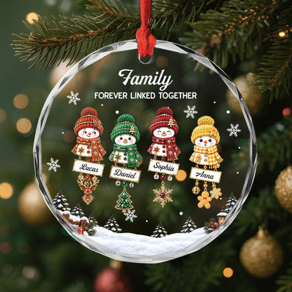 Forever Linked Together Custom Names Snowman Family Glass Ornament - Personalized Christmas Gift for Family