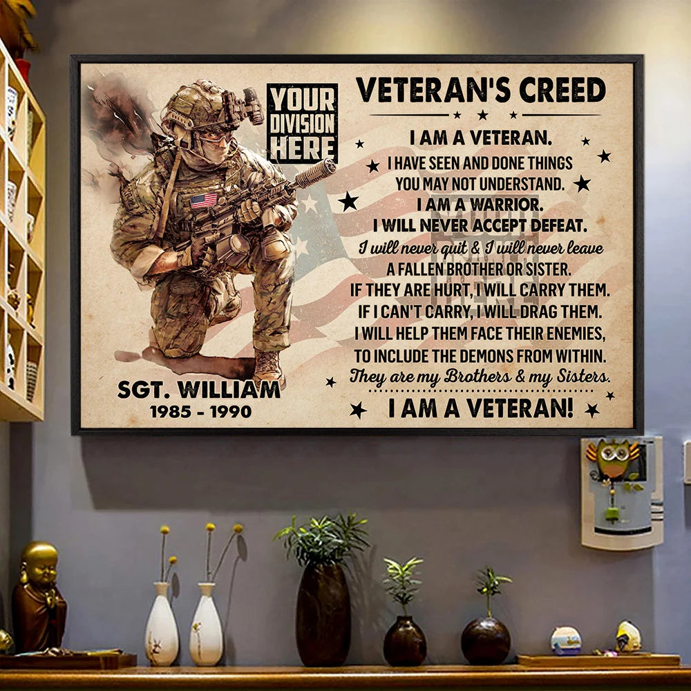 "I Am A Veteran" Personalized Veteran's Creed Canvas / Poster - Custom Veteran Gift for US Military