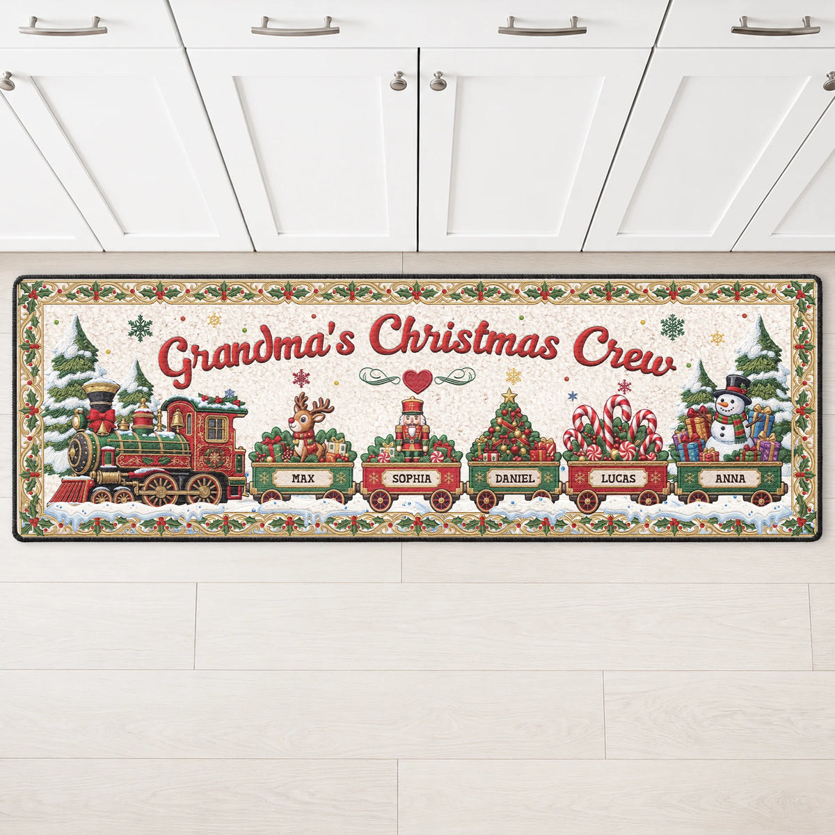 Christmas Crew Train Personalized Runner Rug - Custom Kitchen Floor Mat for Grandma & Grandpa
