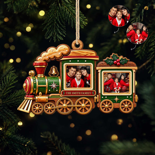 Custom Photo Christmas Train Ornament - Personalized Family Name Holiday Keepsake