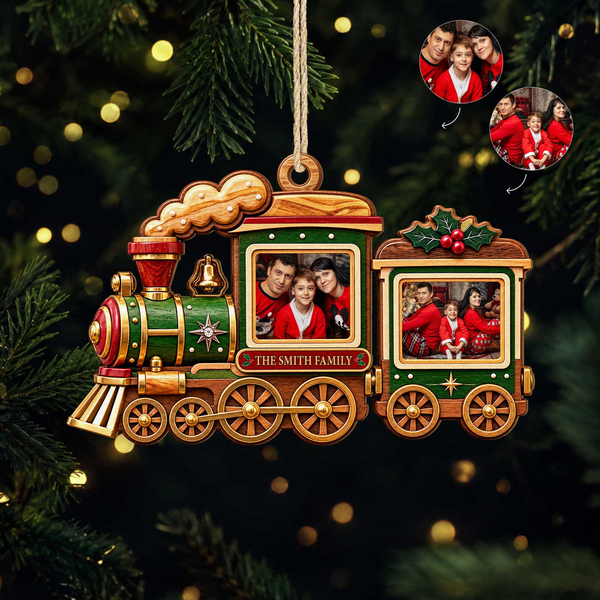 Custom Photo Christmas Train Ornament - Personalized Family Name Holiday Keepsake