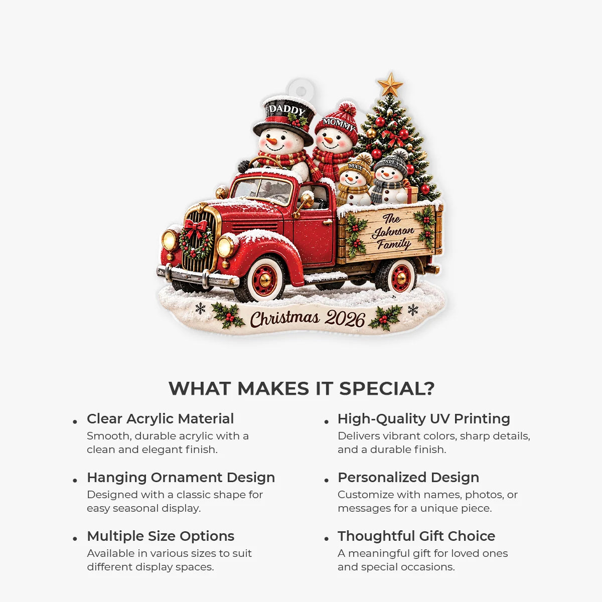Snowman Family Red Truck Personalized Acrylic Ornament - Christmas Keepsake for Family