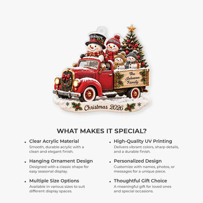 Snowman Family Red Truck Personalized Acrylic Ornament - Christmas Keepsake for Family