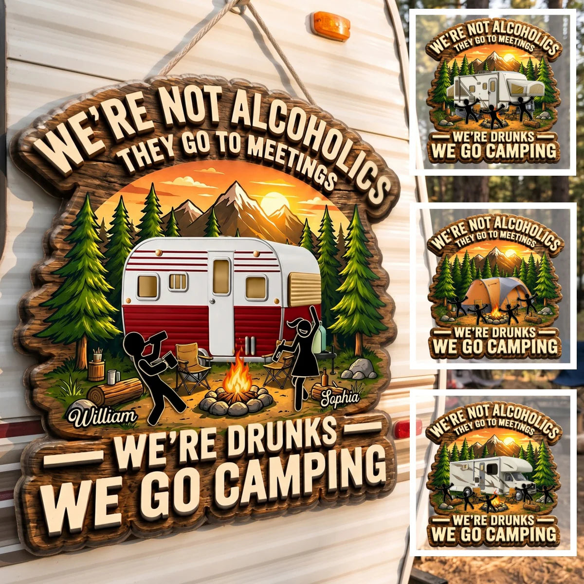 Custom camping wood sign featuring a funny quote, red RV, campfire, and personalized couple names.