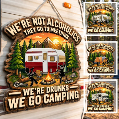Custom camping wood sign featuring a funny quote, red RV, campfire, and personalized couple names.