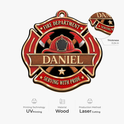 Serving With Pride Personalized Firefighter Wooden Ornament - Custom Fire Department Christmas Keepsake for Dad Husband