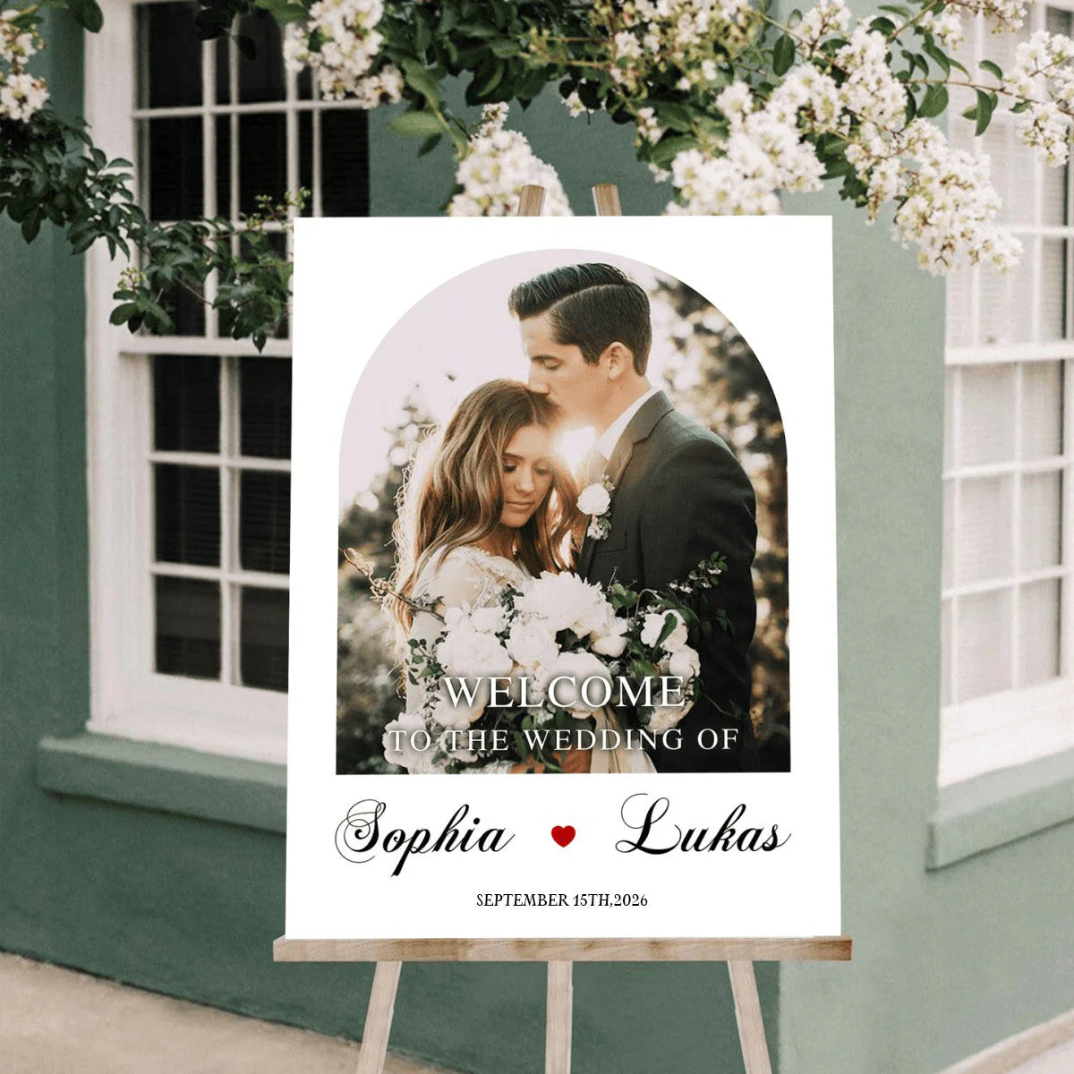 Personalized wedding welcome sign canvas with custom arch photo print for elegant ceremony entry decor