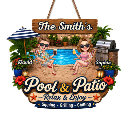 Personalized pool and patio sign with custom couple name and cartoon characters chilling poolside, backyard decor gift image 7