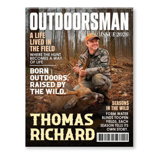 Personalized outdoor adventure wall art custom magazine cover canvas print featuring a hunter with a deer for Dad