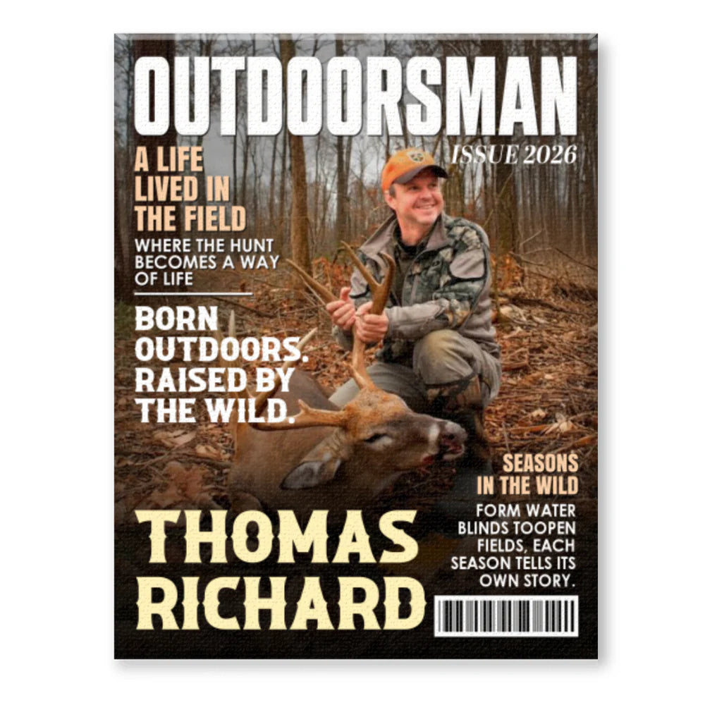 Personalized outdoor adventure wall art custom magazine cover canvas print featuring a hunter with a deer for Dad