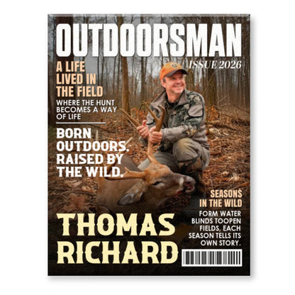 Personalized outdoor adventure wall art custom magazine cover canvas print featuring a hunter with a deer for Dad