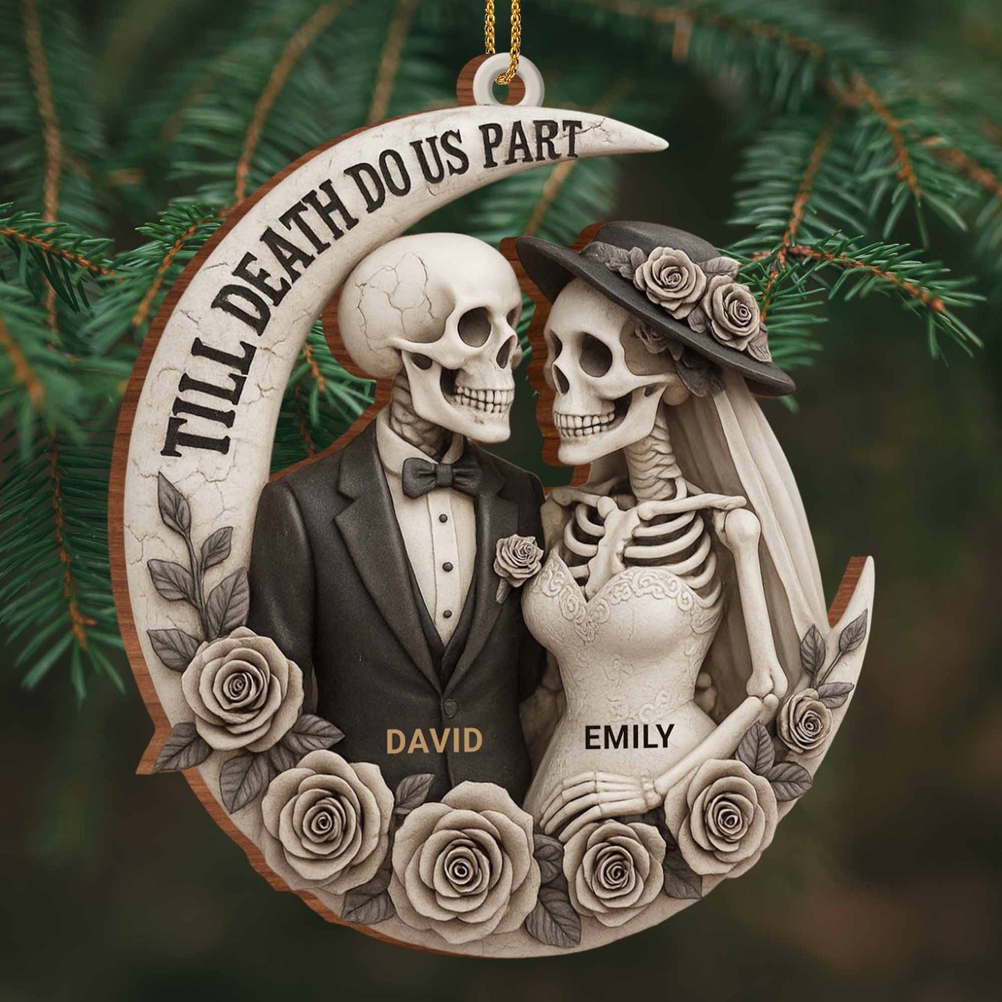 Wooden Ornament material and size view - Personalized Till Death Do Us Part Skeleton Ornament