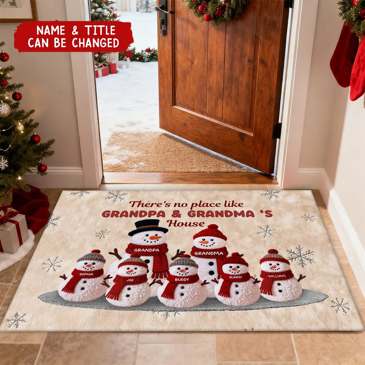 "There's No Place Like Grandma & Grandpa's House" Personalized Snowman Christmas Doormat - Custom Gift for Grandparents