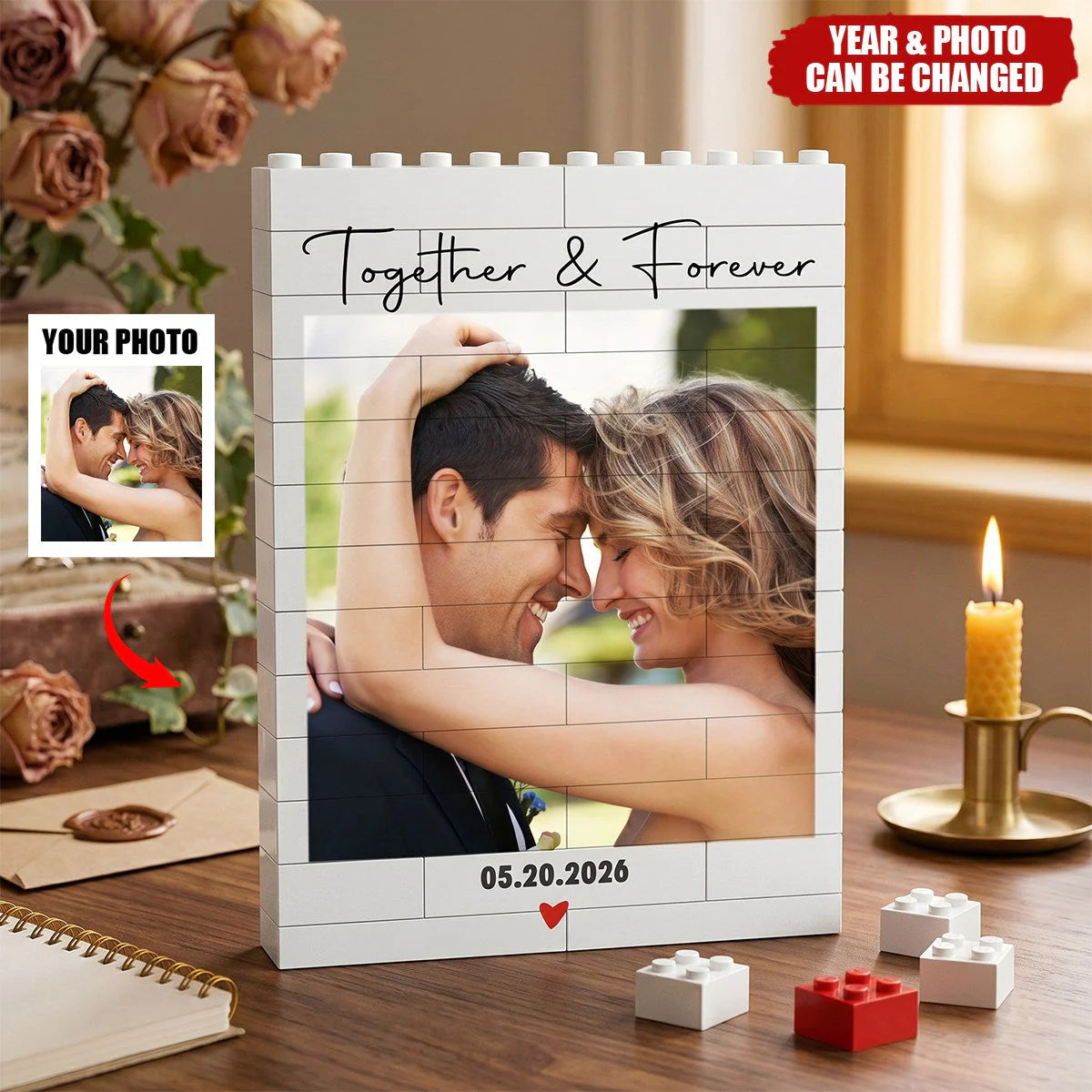 Toy / Plaything material and size view - Custom Couple Photo Building Blocks