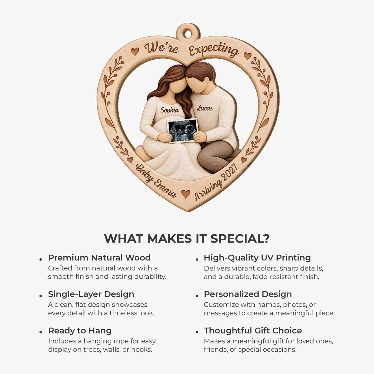 "We're Expecting" Personalized Wooden Ornament - Custom Ultrasound Photo Christmas Keepsake for Expecting Parents