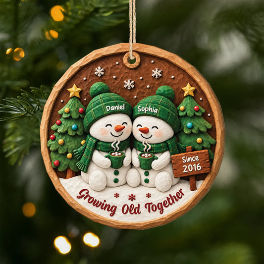 Growing Old Together Personalized Snowman Wooden Ornament - Couples Christmas Gift