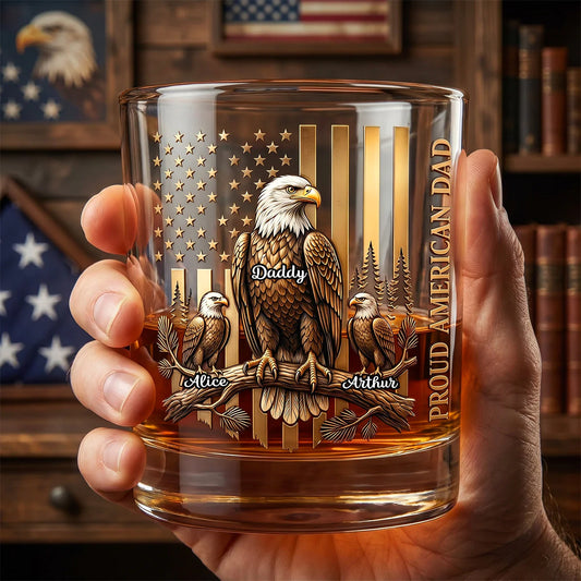 Custom Eagle Dad Whiskey Glass for Dad with personalized design details for meaningful gifting
