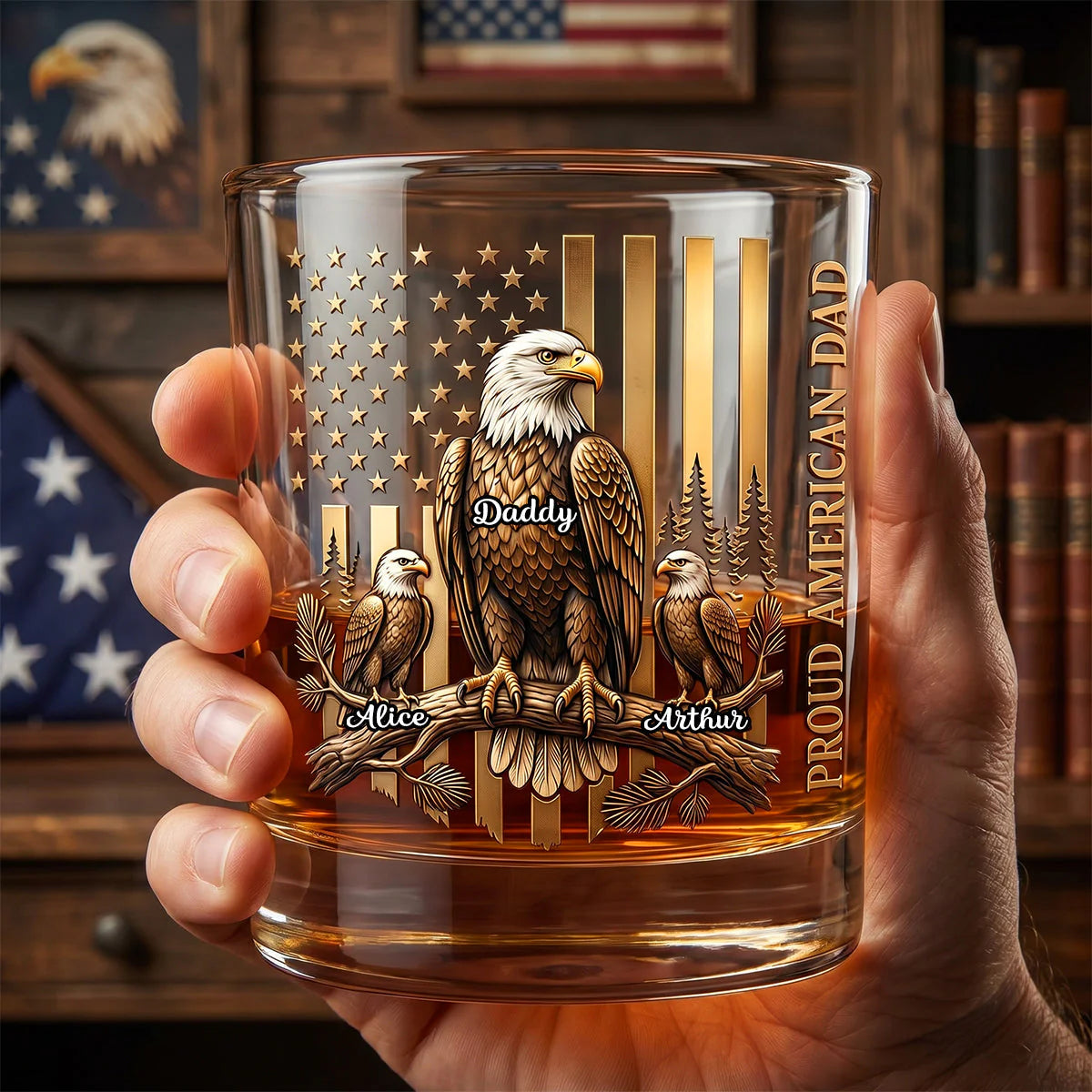 Custom Eagle Dad Whiskey Glass for Dad with personalized design details for meaningful gifting