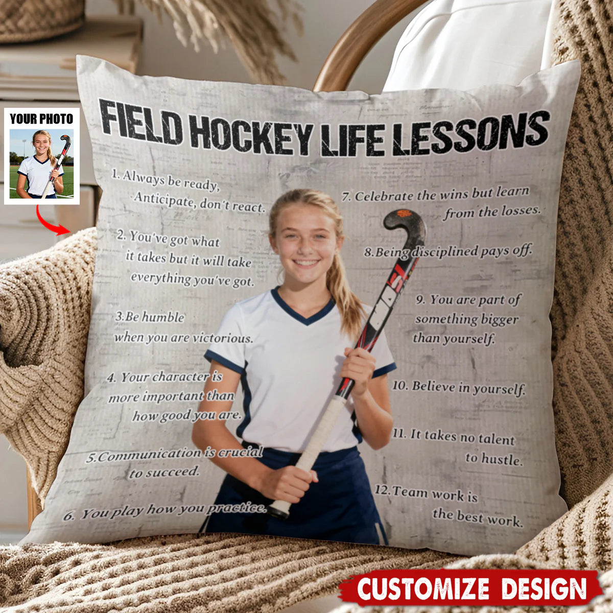 Custom Field Hockey Life Lessons Photo Pillow personalization view for Daughter/Granddaughter