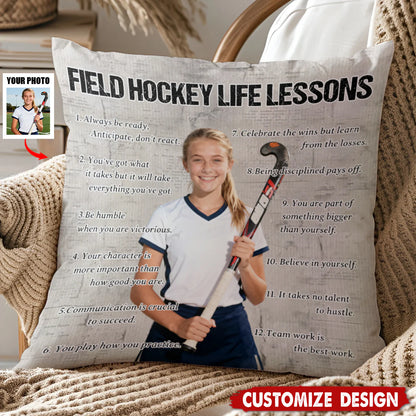 Custom Field Hockey Life Lessons Photo Pillow personalization view for Daughter/Granddaughter
