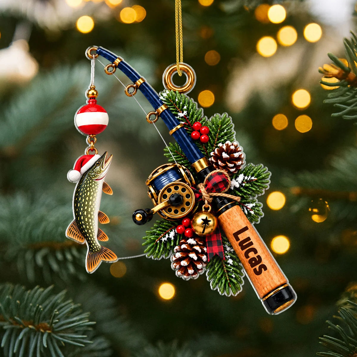 Personalized Fishing Rod Acrylic Christmas Ornament - Custom Name Holiday Keepsake Gift for Anglers and Fisherman Dad