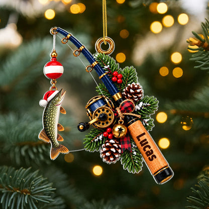 Personalized Fishing Rod Acrylic Christmas Ornament - Custom Name Holiday Keepsake Gift for Anglers and Fisherman Dad