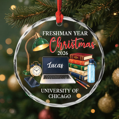 Freshman Year Christmas Personalized Glass Ornament - Holiday Keepsake for College Student