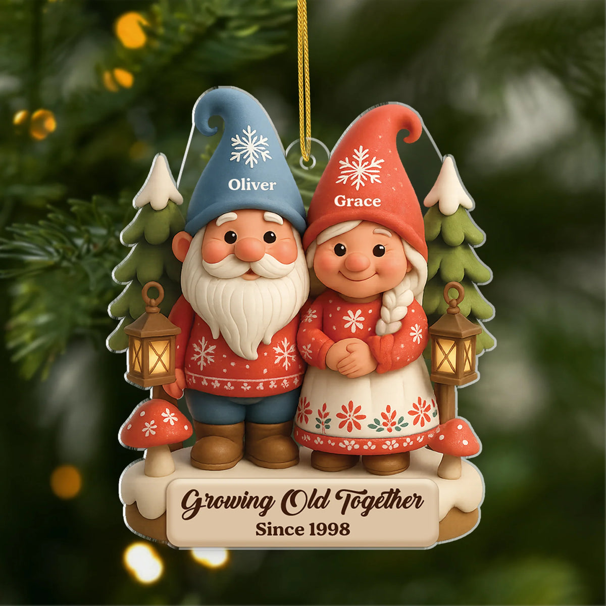 "Growing Old Together" Personalized Gnome Couple Acrylic Ornament - Custom Anniversary Christmas Gift for Couples